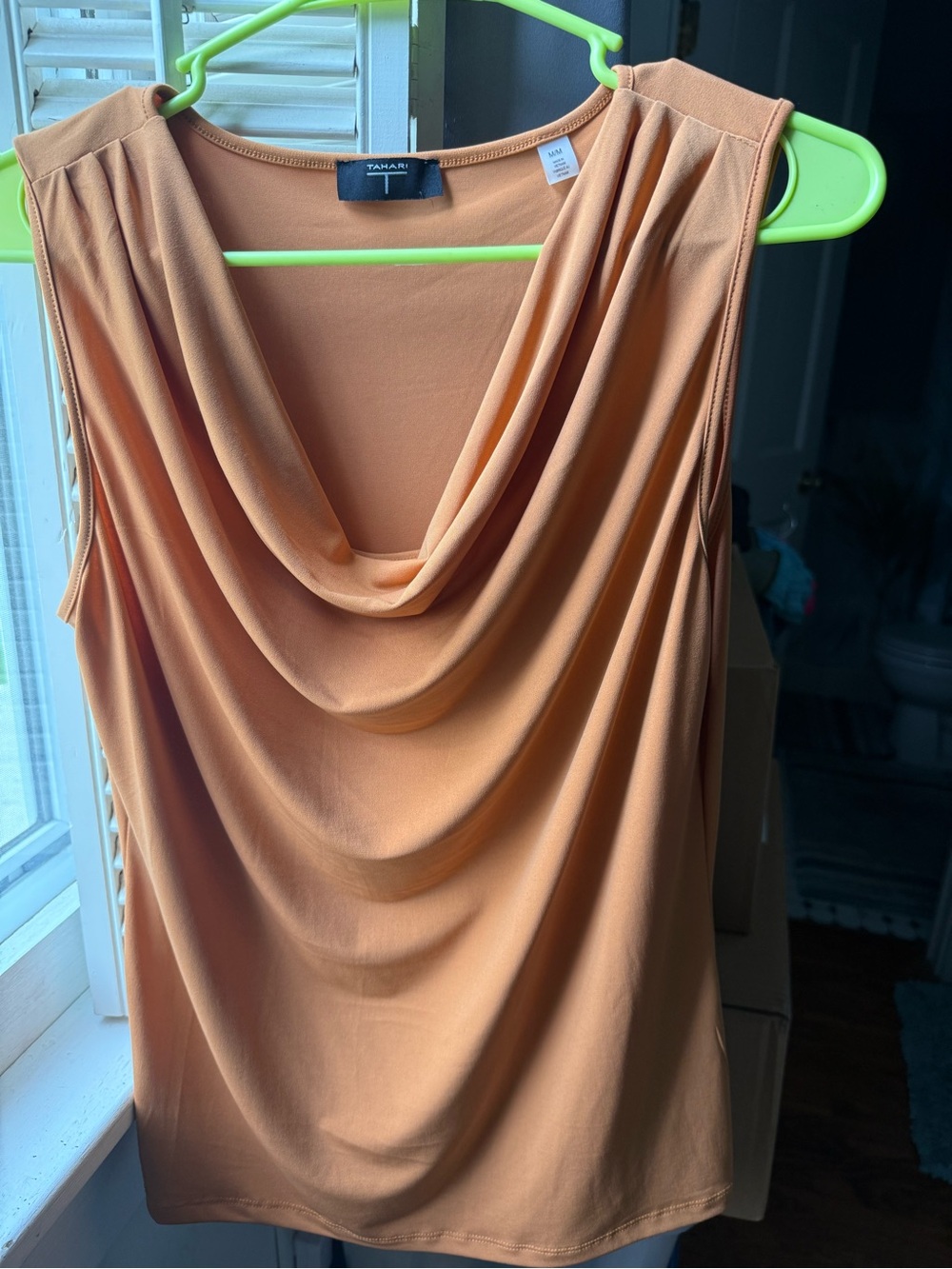T Tahari Peach/Orange Draped Neck Sleeveless Top
